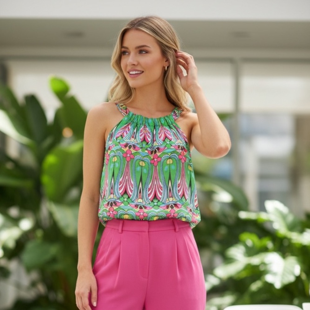 Jade Melody Tam Silk Top with Gold Chain Accents‎